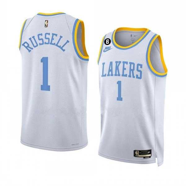 Mens Los Angeles Lakers #1 DAngelo Russell 2022-23 White Classic Edition With No.6 Patch Stitched Basketball Jersey Dzhi->los angeles lakers->NBA Jersey